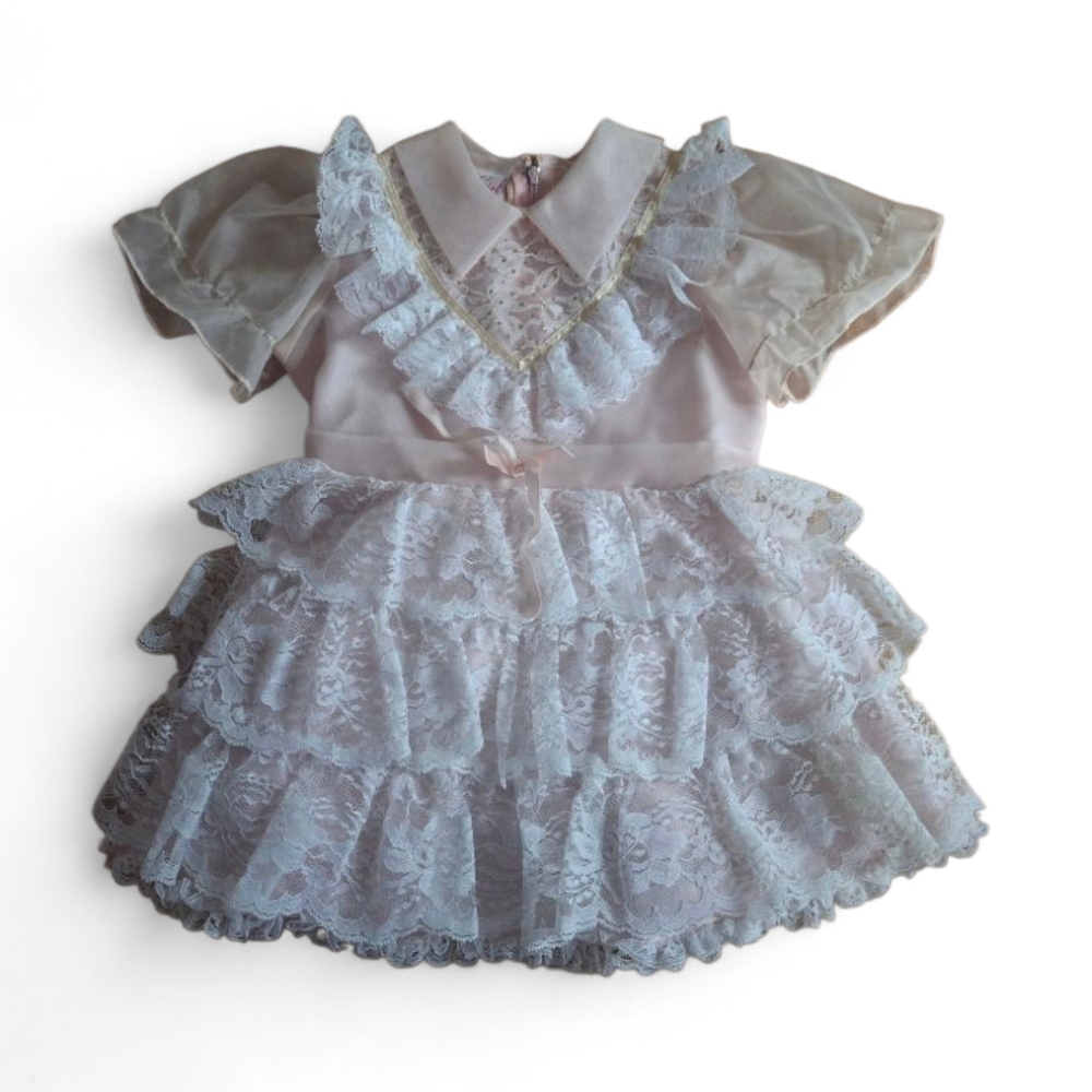 Vintage 60s Girl's Party Dress Size 4t MERRY GIRL Sheer Pink Ruffled Lace FormaL